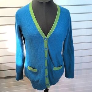 L.L. Bean Sporty 100% Cashmere V-Neck Alumni Cardigan Blue/Green Size L